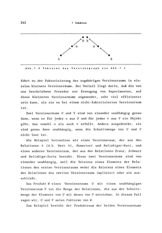 242 7 Induktion
• •
/bb~
• n n •
./ ~.
4 k
Abb.7.6 Faktoren des Versionsgraph aus Abb.7.1
führt zu der Faktorisierung des zugehörigen Versionsraums in ein-
zelne kleinere Versionsräume. Der Vorteil liegt darin, daß die von
uns beschriebene Prozedur zur Erzeugung von Experimenten, auf
diese kleineren Versionsräume angewendet, sehr viel effizienter
sein kann, als sie es bei einem nicht-faktorisierten Versionsraum
ist.
Zwei Vers ionsräume U und V sind von einander unabhängig genau
dann, wenn es für jedes u aus U und für jedes v aus V ein Objekt
gibt, das sowohl u als auch verfüllt. Anders ausgedrückt, sie
sind genau dann unabhängig, wenn die Schnittmenge von U und V
nicht leer ist.
Als Beispiel betrachten wir einen Versionsraum, der aus den
Relationen 4 (d.h. Wert 4), Numeriert und Beliebiger-Wert, und
einen anderen Versionsraum, der aus den Relationen Kreuz, Schwarz
und Beliebige-Sorte besteht. Diese zwei Versionsräume sind von
einander unabhängig, weil die Existenz eines Elements der Rela-
tionen des ersten Versionsraums weder die Existenz eines Elements
der Relationen des zweiten Versionsraums impliziert oder sie aus-
schließt.
Das Produkt Weines Versionsraums U mit einem unabhängigen
Versionsraum V ist die Menge der Relationen, die aus der Schnitt-
menge der Elemente von U mit denen von V entstehen. In diesem Fall
sagen wir, U und V seien Faktoren von W.
Zum Beispiel besteht der Produktraum der beiden Versionsräume
 