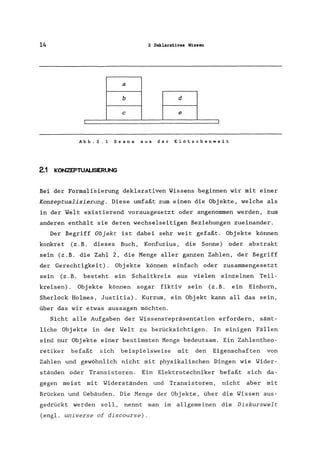 14 2 Deklaratives Wissen
a
b d
c e
Abb.2.1 Szene aus der Klötzchenwelt
2.1 KONZEPTUALISIERUNG
Bei der Forma1isierung deklarativen Wissens beginnen wir mit einer
Konzeptualisierung. Diese umfaßt zum einen die Objekte, welche als
in der Welt existierend vorausgesetzt oder angenommen werden, zum
anderen enthält sie deren wechselseitigen Beziehungen zueinander.
Der Begriff Objekt ist dabei sehr weit gefaßt. Objekte können
konkret (z.B. dieses Buch, Konfuzius, die Sonne) oder abstrakt
sein (z.B. die Zahl 2, die Menge aller ganzen Zahlen, der Begriff
der Gerechtigkeit). Objekte können einfach oder zusammengesetzt
sein (z.B. besteht ein Schaltkreis aus vielen einzelnen Teil-
kreisen). Objekte können sogar fiktiv sein (z.B. ein Einhorn,
Sherlock Holmes, Justitia). Kurzum, ein Objekt kann all das sein,
über das wir etwas aussagen möchten.
Nicht alle Aufgaben der Wissensrepräsentation erfordern, sämt-
liche Objekte in der Welt zu berücksichtigen. In einigen Fällen
sind nur Objekte einer bestimmten Menge bedeutsam. Ein Zahlentheo-
retiker befaßt sich beispielsweise mit den Eigenschaften von
Zahlen und gewöhnlich nicht mit physikalischen Dingen wie Wider-
ständen oder Transistoren. Ein Elektrotechniker befaßt sich da-
gegen meist mit Widerständen und Transistoren, nicht aber mit
Brücken und Gebäuden. Die Menge der Objekte, über die Wissen aus-
gedrückt werden soll, nennt man im allgemeinen die Diskurswelt
(engl. universe of discourse).
 
