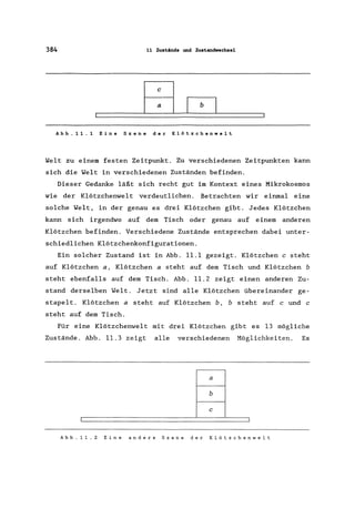 384 11 Zustände und Zustandwechsel
b
Abb.ll.l Eine Szene der Klötzchenwelt
Welt zu einem festen Zeitpunkt. Zu verschiedenen Zeitpunkten kann
sich die Welt in verschiedenen Zuständen befinden.
Dieser Gedanke läßt sich recht gut im Kontext eines Mikrokosmos
wie der Klötzchenwelt verdeutlichen. Betrachten wir einmal eine
solche Welt, in der genau es drei Klötzchen gibt. Jedes Klötzchen
kann sich irgendwo auf dem Tisch oder genau auf einem anderen
Klötzchen befinden. Verschiedene Zustände entsprechen dabei unter-
schiedlichen Klötzchenkonfigurationen.
Ein solcher Zustand ist in Abb. 11.1 gezeigt. Klötzchen c steht
auf Klötzchen a, Klötzchen a steht auf dem Tisch und Klötzchen b
steht ebenfalls auf dem Tisch. Abb. 11.2 zeigt einen anderen Zu-
stand derselben Welt. Jetzt sind alle Klötzchen übereinander ge-
stapelt. Klötzchen a steht auf Klötzchen b, b steht auf c und c
steht auf dem Tisch.
Für eine Klötzchenwelt mit drei Klötzchen gibt es 13 mögliche
Zustände. Abb. 11.3 zeigt alle verschiedenen Möglichkeiten. Es
a
b
c
Abb.11.2 Eine andere Szene der Klötzchenwelt
 