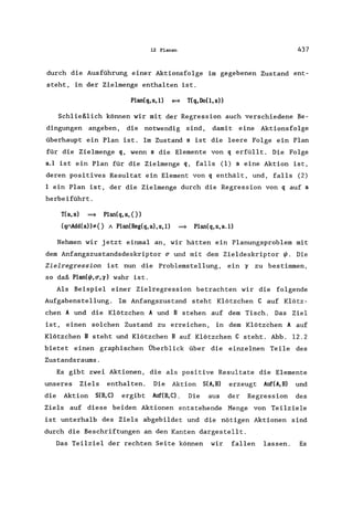 12 Planen 437
durch die Ausführung einer Aktionsfolge im gegebenen Zustand ent-
steht, in der Zielmenge enthalten ist.
Plan(q,s,l) ~ T(q,DoO,s»
Schließlich können wir mit der Regression auch verschiedene Be-
dingungen angeben, die notwendig sind, damit eine Aktionsfolge
überhaupt ein Plan ist. Im Zustand s ist die leere Folge ein Plan
für die Zielmenge q, wenn s die Elemente von q erfüllt. Die Folge
a.l ist ein Plan für die Zielmenge q, falls (1) a eine Aktion ist,
deren positives Resultat ein Element von q enthält, und, falls (2)
1 ein Plan ist, der die Zielmenge durch die Regression von q auf a
herbeiführt.
T(a,s) ~ Plan(q,s,{})
(qMdd(a»*{) A Plan(Reg(q,a),s,l) ~ Plan(q,s,a.l)
Nehmen wir jetzt einmal an, wir hätten ein Planungsproblem mit
dem Anfangszustandsdeskriptor ~ und mit dem Zieldeskriptor ~. Die
Zielregression ist nun die Problemstellung, ein D zu bestimmen,
so daß Plan(~'~'D) wahr ist.
Als Beispiel einer Zielregression betrachten wir die folgende
AufgabensteIlung. Im Anfangszustand steht Klötzchen C auf Klötz-
chen A und die Klötzchen A und B stehen auf dem Tisch. Das Ziel
ist, einen solchen Zustand zu erreichen, in dem Klötzchen A auf
Klötzchen B steht und Klötzchen B auf Klötzchen C steht. Abb. 12.2
bietet einen graphischen Überblick über die einzelnen Teile des
Zustandsraums.
Es gibt zwei Aktionen, die als positive Resultate die Elemente
unseres Ziels enthalten. Die Aktion S(A,B) erzeugt Auf(A,B) und
die Aktion S(B,C) ergibt Auf(B,C). Die aus der Regression des
Ziels auf diese beiden Aktionen entstehende Menge von Teilziele
ist unterhalb des Ziels abgebildet und die nötigen Aktionen sind
durch die Beschriftungen an den Kanten dargestellt.
Das Teilziel der rechten Seite können wir fallen lassen. Es
 