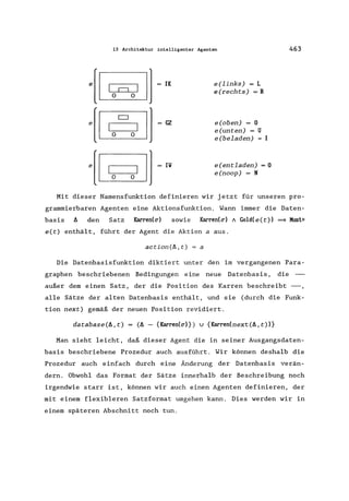 13 Architektur intelligenter Agenten
e[~]
e[[BJ]
IK
cz
e[~l ~IV
e(links) = L
e(rechts) = R
e(oben) = 0
e(unten) = U
e(beladen) =
e(entladen) = 0
e(noop) = N
463
Mit dieser Namensfunktion definieren wir jetzt für unseren pro-
grammierbaren Agenten eine Aktionsfunktion. Wann immer die Daten-
basis I::. den Satz Karren(<J) sowie Karren(<J)" Gold(e(t)) =9 Kust=
e(t) enthält, führt der Agent die Aktion a aus.
action(l::.,t) = a
Die Datenbasisfunktion diktiert unter den im vergangenen Para-
graphen beschriebenen Bedingungen eine neue Datenbasis, die -
außer dem einen Satz, der die Position des Karren beschreibt - ,
alle Sätze der alten Datenbasis enthält, und sie (durch die Funk-
tion next) gemäß der neuen Position revidiert.
database (I::., t) = (I::. - {Karren(<Jl}) v {Karren(next(l::., t) l}
Man sieht leicht, daß dieser Agent die in seiner Ausgangsdaten-
basis beschriebene Prozedur auch ausführt. Wir können deshalb die
Prozedur auch einfach durch eine Änderung der Datenbasis verän-
dern. Obwohl das Format der Sätze innerhalb der Beschreibung noch
irgendwie starr ist, können wir auch einen Agenten definieren, der
mit einem flexibleren Satzformat umgehen kann. Dies werden wir in
einem späteren Abschnitt noch tun.
 