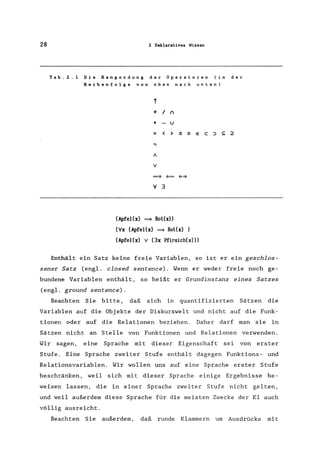 28 2 Deklaratives Wissen
Tab.2.1 Die Rangordung der Operatoren (in der
ReihenfOlge von oben nach unten)
t
* / "
+ U
= < > :S ~ E
.,
A
V
==} ~= ~=}
;I 3
(ApfeI(x) ==} Rot(x»
(;Ix (ApfeI(x) ==} Rot(x)
(ApfeI(x) V (3x Pfirsich(x»)
C ::> S;; ;2
Enthält ein Satz keine freie Variablen, so ist er ein geschlos-
sener Satz (engl. closed sentence). Wenn er weder freie noch ge-
bundene Variablen enthält, so heißt er Grundinstanz eines Satzes
(engl. ground sentence).
Beachten Sie bitte, daß sich in quantifizierten Sätzen die
Variablen auf die Objekte der Diskurswelt und nicht auf die Funk-
tionen oder auf die Relationen beziehen. Daher darf man sie in
Sätzen nicht an Stelle von Funktionen und Relationen verwenden.
Wir sagen, eine Sprache mit dieser Eigenschaft sei von erster
Stufe. Eine Sprache zweiter Stufe enthält dagegen Funktions- und
Relationsvariablen. Wir wollen uns auf eine Sprache erster Stufe
beschränken, weil sich mit dieser Sprache einige Ergebnisse be-
weisen lassen, die in einer Sprache zweiter Stufe nicht gelten,
und weil außerdem diese Sprache für die meisten Zwecke der KI auch
völlig ausreicht.
Beachten Sie außerdem, daß runde Klammern um Ausdrücke mit
 