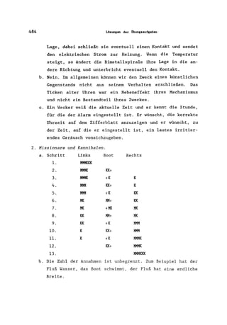 484 Löeunsen der tlbunssaufseben
Lage, dabei schließt sie eventuell einen Kontakt und sendet
den elektrischen Strom zur Heizung. Wenn die Temperatur
steigt, so ändert die Bimetallspirale ihre Lage in die an-
dere Richtung und unterbricht eventuell den Kontakt.
b. Nein. Im allgemeinen können wir den Zweck eines künstlichen
Gegenstands nicht aus seinem Verhalten erschließen. Das
Ticken alter Uhren war ein Nebeneffekt ihres Mechanismus
und nicht ein Bestandteil ihres Zweckes.
c. Ein Wecker weiß die aktuelle Zeit und er kennt die Stunde,
für die der Alarm eingestellt ist. Er wünscht, die korrekte
Uhrzeit auf dem Zifferblatt anzuzeigen und er wünscht, zu
der Zeit, auf die er eingestellt ist, ein lautes irritier-
endes Geräusch vonsichzugeben.
2. Missionare und Kannibalen.
a. Schritt Links
l. MMMKKK
2. MMMK
3. MMMK
4. MKM
5. MKM
6. MI{
7. MI{
8. KK
9. KK
10. K
11. K
12.
13.
Boot
KK?
~K
KK?
~K
KM?
~MI{
KM?
~K
KK?
~K
KK?
Rechts
K
K
KK
KK
MI{
MI{
MKM
MKM
MMMK
MMMK
MMMKKK
b. Die Zahl der Annahmen ist unbegrenzt. Zum Beispiel hat der
Fluß Wasser, das Boot schwimmt, der Fluß hat eine endliche
Breite.
 