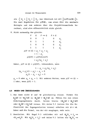 Lösungen der Übungsaufgaben 509
als _2. 1[ + 2. 1[ + 2. 1[ , was identisch ist mit 2.(p(P)+p(Q) _2.).
4 1 2 2 2 3 2 2
Die zwei Ergebnisse für p(PAQ), zum einen über die maximale
Entropie und zum anderen über die Projektionsmethode be-
rechnet, sind also offensichtlich nicht gleich.
8. Nicht notwendig das gleiche.
P Q P = Q P A Q
0 0 1 0
0 1 1 0
1 0 0 0
1 1 1 1
p(P = Q) = PI + P2 + P4
= 1 - P
3
p(Qlp) p(PAQ)/p(P)
= P/(P3 + P4)
Daher, p(P = Q) = p(QIP), inbesondere, wenn
1 - P3 = p / (p3 + P4 )
(p + p ) (1 - p ) - p = 0
3 4 3 4
P (1 - p - p ) = 0
3 4 3
PI
Pz
P3
P4
p = 0 oder p + P = 1. Mit anderen Worten, wenn p(P = Q)
3 3 4
1 oder, wenn p(P) = 1.
A.9 WISSEN lJN) ÜBERZEUGUNGEN
l. Man kann nicht </> und ,</> gleichzeitig wissen. Formen Sie
K (</» = ,K h</» zu ,K (</» v ,K h</» um. Führen Sie nun einen
a a a a
Widerlegungsbeweis durch. Setzen hierzu ,(K (</» v ,K h</>))
a a
oder K (</» A K h</»a a voraus. Mit Axiom 9.2 (setzen Sie die Re-
flexivität der Zugangsrelation voraus) erhalten wir </> A ,</>.
Daher muß die Formel, von der wir ausgingen, wahr sein.
2. Resolution. Mit Regel 9.5 schließen wir auf
,(L =L ». Mit K (L v L) und Axiom 9.1 leiten
K (L v L =a I 2
wir K (L =a II 2 a I 2
 