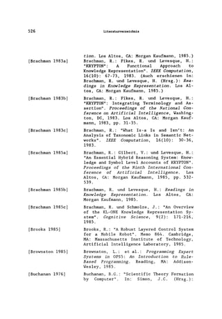 526
[Brachman 1983a]
[Brachman 1983b]
[Brachman 1983c]
[Brachman 1985a]
[Brachman 1985b]
[Brachman 1985c]
[Brooks 1985]
[Brownston 1985]
[Buchanan 1976]
Literaturverzeichnis
tion. Los Altos, CA: Morgan Kaufmann, 1985.)
Brachman, R.: Fikes, R. und Levesque, H.:
"KRYPTON" : A Functiona1 Approach to
Know1edge Representation". IEEE Computation,
16(10): 67-73,1983. (Auch erschienen in:
Brachman, R. und Levesque, H. (Hrsg.): Rea-
dings in Knowledge Representation. Los A1-
tos, CA: Morgan Kaufmann, 1985.)
Brachman, R.: Fikes, R. und Levesque, H.:
"KRYPTON": Integrating Termino1ogy and As-
sertion". Proceedings of the National Con-
ference on Artificial Intelligence, Washing-
ton, DC, 1983. Los Altos, CA: Morgan Kauf-
mann, 1983, pp. 31-35.
Brachman, R.: "What Is-a Is and Isn' t: An
Analysis of Taxonomie Links in Semantic Net-
works". IEEE Computation, 16(10): 30-36,
1983.
Brachman, R.: Gi1bert, V.: und Levesque, H.:
"An Essential Hybrid Reasoning System: Know-
1edge and Symbol Level Accounts of KRYPTON".
Proceedings of the Ninth International Con-
ference of Artificial Intelligence. Los
Altos, GA: Morgan Kaufmann, 1985, pp. 532-
539.
Brachman, R. und Levesque,
Knowledge Representation.
Morgan Kaufmann, 1985.
H.: Readings in
Los Altos, CA:
Brachman, R. und Schmo1ze, J.: "An Overview
of the KL-ONE Know1edge Representation Sy-
stern". Cognitive Science, 9(2): 171-216,
1985.
Brooks, R.: "A Robust Layered Contro1 System
for a Mobile Robot". Memo 864. Cambridge,
MA: Massachusetts Institute of Techno1ogy,
Artificia1 Inte11igence Laboratory, 1985.
Brownston, L.: et a1.: Programming Expert
Systems in OPS5: An Introduction to Rule-
Based Programming. Reading, MA: Addison-
Wes1ey, 1985.
Buchanan, B.G.: "Scientific Theory Formation
by Computer". In: Simon, J.G. (Hrsg.):
 