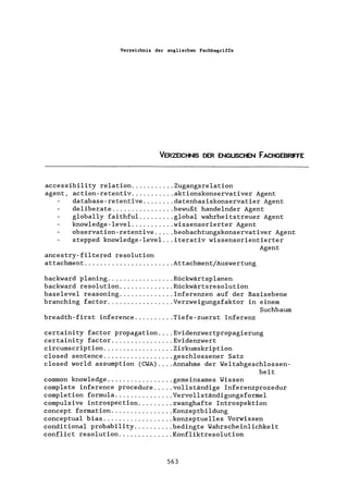 Verzeichnis der englischen Fachbegriffe
VERZEICHNIS DER ENGLISCHEN FACHGEBRFFE
accessibility relation ........... Zugangsrelation
agent, action-retentiv........... aktionskonservativer Agent
database-retentive ........ datenbasiskonservatier Agent
deliberate ................ bewußt handelnder Agent
globally faithful ......... global wahrheitstreuer Agent
knowledge-level ........... wissensorierter Agent
observation-retentive ..... beobachtungskonservativer Agent
stepped knowledge-level ... iterativ wissensorientierter
Agent
ancestry-filtered resolution
attachment ....................... Attachment/Auswertung
backward planing................. Rückwärtsplanen
backward resolution.............. Rückwärtsresolution
baselevel reasoning .............. Inferenzen auf der Basisebene
branching factor ................. Verzweigungsfaktor in einem
Suchbaum
breadth-first inference .......... Tiefe-zuerst Inferenz
certainity factor propagation.... Evidenzwertpropagierung
certainity factor ................ Evidenzwert
circumscription.................. Zirkumskription
closed sentence .................. geschlossener Satz
closed world assumption (CWA) .... Annahme der WeItabgeschlossen-
heit
common knowledge ................. gemeinsames Wissen
complete inference procedure ..... vollständige Inferenzprozedur
completion formula ............... Vervollständigungsformel
compulsive introspection......... zwanghafte Introspektion
concept formation ................ Konzeptbildung
conceptual bias .................. konzeptuelles Vorwissen
conditional probability..........bedingte Wahrscheinlichkeit
conflict resolution.............. Konfliktresolution
563
 