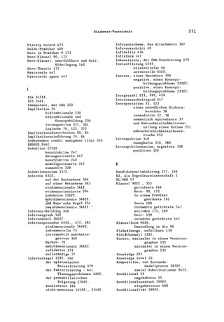 Stichwort-Verzeichnis 571
his tory record 473
holds-Prädikat 409
Horn im Prädikat P 173
Horn-Klausel 90, 172
Horn-Klausel, unerfüllbare und Unit-
Widerlegung 140
Horn-Theorie 172
Hysteresis 447
hysteretic agent 447
ICA 243ff.
ID3 246f.
Idempotenz, der CIJA 222
Implikation 25
bidirektionale 230
bidirektionale und
Konzeptbildung 230
introspektive 371, 381
logische 76, 122, 372
Implikationsdistribution 80, 84
Implikationseinführung 79, 84
independent credit assigment (ICA) 243
INDUCE 246f.
Induktion 225ff.
konstruktive 247
datengesteuerte 247
konstruktive 248
modellgesteuerte 247
summative 228
Induktionsaxiom 337f.
Inferenz 63ff.
auf der Basisebene 366
auf einer Metaebene 362
eindimensionale 366f.
evidenzorientierte 294
induktive 226ff.
mehrdimensionale 366ff.
uno Baye'sche Regel 254
z,",a.idimensionale 366ff .•
Inferenz-Matching 246
Inferenzgraph 102
Inferenznetz 266ff.
Inferenzprozedur 69ff., 477, 481
eindimensionale 366ff.
inkrementelle 73
introspektiv wahrheits-
getreue 368
Markov- 70
mehrdimensionale 366ff.
reflektive 373
vollständige 77
Inferenzregel 23ff. 140
der epistemischen
Necessitierung 329
der Faktorisierung - bei
Planungsproblemen 426f.
der probabilistischen
Folgerung 276ff.
konsistente 164
nicht-monotone l65ff., 2l4ff.
Inferenzschema, des Attachments 307
Inferenzschritt 69
infidelity 476
Infixform 147
Inkonsistenz, der CWA-Erweiterung 170
Instantiierung 65ff.
existentielle 66
universelle 65ff.
Instanz, eines Operators 390
negative, eines Konzept-
bildungsproblems 232ff.
positive, eines Konzept-
bildungsproblems 233ff.
Integerzahl 223, 399, 459
Interessantheitsgrad 247
Interpretation 31, 123
eines unendlichen Diskurs-
bereichs 38
intendierte 32, 38
semantisch äquivalente 37
und Wahrscheinlichkeitsver-
teilung eines Satzes 251
wahrscheinlichkeitstheore-
tische 252
Introspektion 348
zwanghafte 370, 380
Introspektionsaxiom, negatives 328
positives 328
K
Kandidateneliminierung 237, 246
KI, als Ingenieurwissenschaft 1
KL-ONE 57
Klausel 90ff., 355
gerichtete 146
Horn- 90, 172
in einem Prädikat
geordnete 181
leere 100
rückwärts gerichtete 147
solitäre 175, 189
Unit- 139
vorwärts gerichtete 147
Klauselform 90ff.
Umwandlung in die 90
K1atiselmenge, erfüllbare 138
Klötichenwe1t 13ff.
Knoten, maximaler in einem Versions-
graphen 235
minimaler in einem Version-
graphen 235
know1edge 297
know1edge level 10
Komposition, von Zustands-
deskriptoren 387ff.
zweier Substitutionen 94ff.
Konditional 25
umgekehrtes 25
Konditionalausdruck 399ff.
eingebetteter 400
Konditiona1ität 399ff.
 