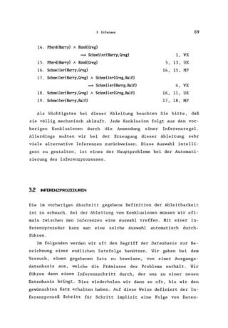 3 Inferenz 69
14. Pferd(Harry) 1 Hund(Greg)
==} Schneller(Harry,Greg) 1, 'v'E
15. Pferd(Harry) 1 Hund(Greg) 5, 13, UE
16. Schneller(Harry, Greg) 14, 15, MP
17. Schneller(Harry, Greg) 1 Schneller(Greg,Ralf)
==} Schneller(Harry, Ralf) 4, 'v'E
18. SChneller(Harry, Greg) 1 Schneller(Greg, Ralf) 16, 11, UE
19. Schneller(Harry, Ralf) 17, 18, MP
Als Wichtigstes bei dieser Ableitung beachten Sie bitte, daß
sie völlig mechanisch abläuft. Jede Konklusion folgt aus den vor-
herigen Konklusionen durch die Anwendung einer Inferenzrege1.
Allerdings mußten wir bei der Erzeugung dieser Ableitung sehr
viele alternative Inferenzen zurückweisen. Diese Auswahl intelli-
gent zu gestalten, ist eines der Hauptprobleme bei der Automati-
sierung des Inferenzprozesses.
32 INFERENZPROZEDUREN
Die im vorherigen Abschnitt gegebene Definition der Ab1eitbarkeit
ist zu schwach. Bei der Ableitung von Konklusionen müssen wir oft-
mals zwischen den Inferenzen eine Auswahl treffen. Mit einer In-
ferenzprozedur kann man eine solche Auswahl automatisch durch-
führen.
Im folgenden werden wir oft den Begriff der Datenbasis zur Be-
zeichnung einer endlichen Satzfolge benützen. Wir gehen bei dem
Versuch, einen gegebenen Satz zu beweisen, von einer Ausgangs-
datenbasis aus, welche die Prämissen des Problems enthält. Wir
führen dann einen Inferenzschritt durch, der uns zu einer neuen
Datenbasis bringt. Dies wiederholen wir dann so oft, bis wir den
gewünschten Satz erhalten haben. Auf diese Weise definiert der In-
ferenzprozeß Schritt für Schritt implizit eine Folge von Daten-
 