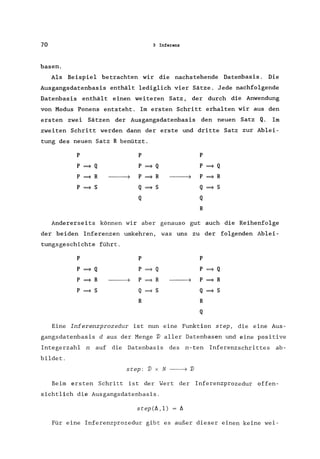 70 3 Inferenz
basen.
Als Beispiel betrachten wir die nachstehende Datenbasis. Die
Ausgangsdatenbasis enthält lediglich vier Sätze. Jede nachfolgende
Datenbasis enthält einen weiteren Satz, der durch die Anwendung
von Modus Ponens entsteht. Im ersten Schritt erhalten wir aus den
ersten zwei Sätzen der Ausgangsdatenbasis den neuen Satz Q. Im
zweiten Schritt werden dann der erste und dritte Satz zur Ablei-
tung des neuen Satz R benützt.
p p p
p ~ Q p ~ Q p ~ Q
p ~ R P ~ R P ~ R
P ~ S Q ~ s Q ~ s
Q Q
R
Andererseits können wir aber genauso gut auch die Reihenfolge
der beiden Inferenzen umkehren, was uns zu der folgenden Ablei-
tungsgeschichte führt.
p p p
p ~ Q p ~ Q p ~ Q
p ~ R P ~ R P ~ R
P ~ s Q ~ s Q ~ S
R R
Q
Eine Inferenzprozedur ist nun eine Funktion step, die eine Aus-
gangsdatenbasis d aus der Menge ~ aller Datenbasen und eine positive
Integerzahl n auf die Datenbasis des n-ten Inferenzschrittes ab-
bildet.
step: ~ x N ----7 ~
Beim ersten Schritt ist der Wert der Inferenzprozedur offen-
sichtlich die Ausgangsdatenbasis.
step(t.,l) = t.
Für eine Inferenzprozedur gibt es außer dieser einen keine wei-
 