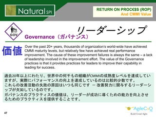 47
RETURN ON PROC€$S (ROP)
And CMMI Value
Governance（ガバナンス）
Over the past 20+ years, thousands of organization’s world-wid...