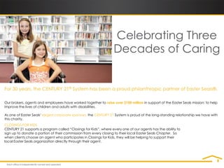 Celebrating Three
                                                                  Decades of Caring


For 30 years, the CENTURY 21® System has been a proud philanthropic partner of Easter Seals®.

Our brokers, agents and employees have worked together to raise over $100 million in support of the Easter Seals mission: to help
improve the lives of children and adults with disabilities.

As one of Easter Seals’ largest corporate sponsors, the CENTURY 21 System is proud of the long-standing relationship we have with
this charity.
CLOSINGS FOR KIDS
CENTURY 21 supports a program called “Closings for Kids”, where every one of our agents has the ability to
sign up to donate a portion of their commission from every closing to their local Easter Seals Chapter. So
when clients choose an agent who participates in Closings for Kids, they will be helping to support their
local Easter Seals organization directly through their agent.
 