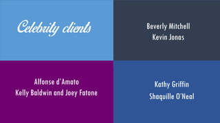 Celebrity clients
Kathy Griffin
Shaquille O’Neal
Beverly Mitchell
Kevin Jonas
Alfonse d’Amato
Kelly Baldwin and Joey
Fatone
 