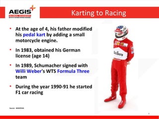 Karting to Racing
• At the age of 4, his father modified
  his pedal kart by adding a small
  motorcycle engine.
• In 1983, obtained his German
  license (age 14)
• In 1989, Schumacher signed with
  Willi Weber's WTS Formula Three
  team
• During the year 1990-91 he started
  F1 car racing

Source - WIKIPEDIA


                                                4
 
