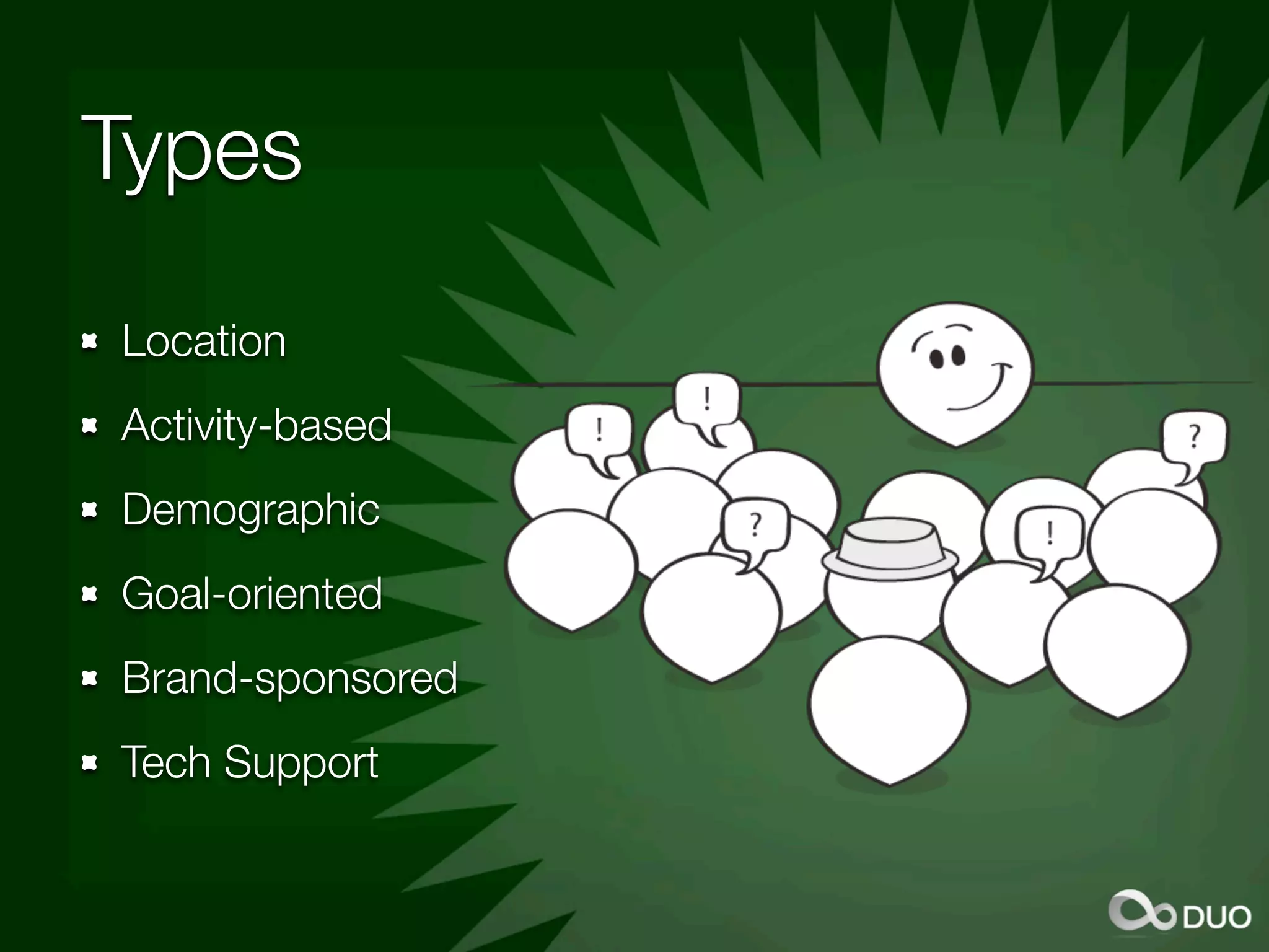 Types
Location
Activity-based
Demographic
Goal-oriented
Brand-sponsored
Tech Support
 