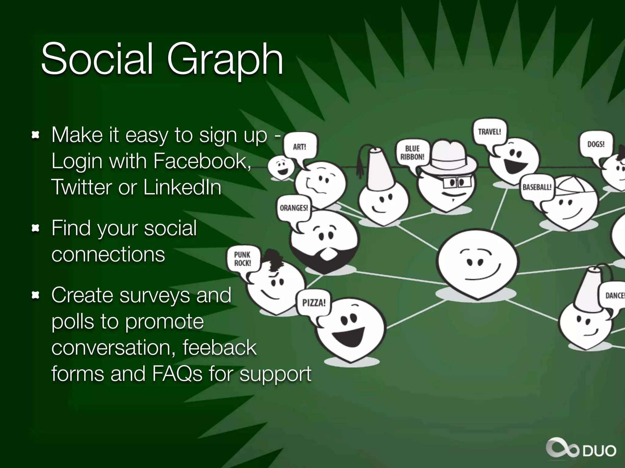 Social Graph
Make it easy to sign up -
Login with Facebook,
Twitter or LinkedIn
Find your social
connections
Create surveys and
polls to promote
conversation, feeback
forms and FAQs for support
 