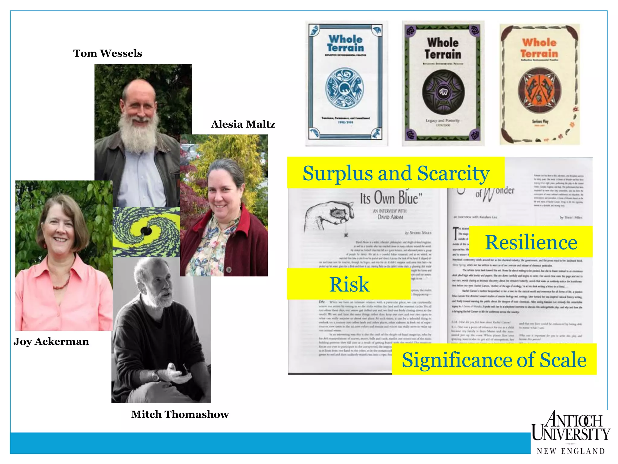 Tom Wessels
Mitch Thomashow
Alesia Maltz
Joy Ackerman
Resilience
Significance of Scale
Surplus and Scarcity
Risk
 