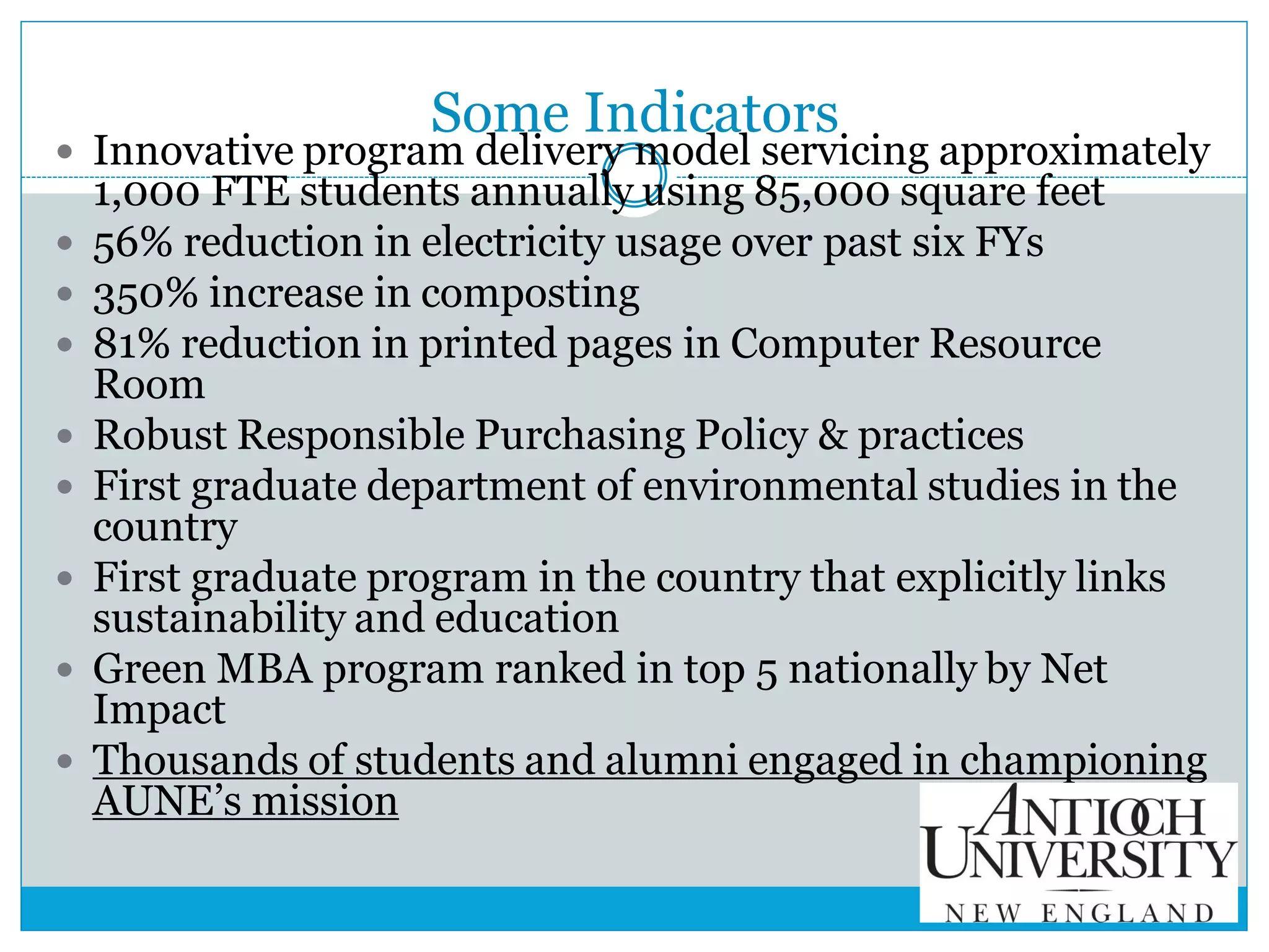 Some Indicators
 Innovative program delivery model servicing approximately
1,000 FTE students annually using 85,000 square feet
 56% reduction in electricity usage over past six FYs
 350% increase in composting
 81% reduction in printed pages in Computer Resource
Room
 Robust Responsible Purchasing Policy & practices
 First graduate department of environmental studies in the
country
 First graduate program in the country that explicitly links
sustainability and education
 Green MBA program ranked in top 5 nationally by Net
Impact
 Thousands of students and alumni engaged in championing
AUNE’s mission
 