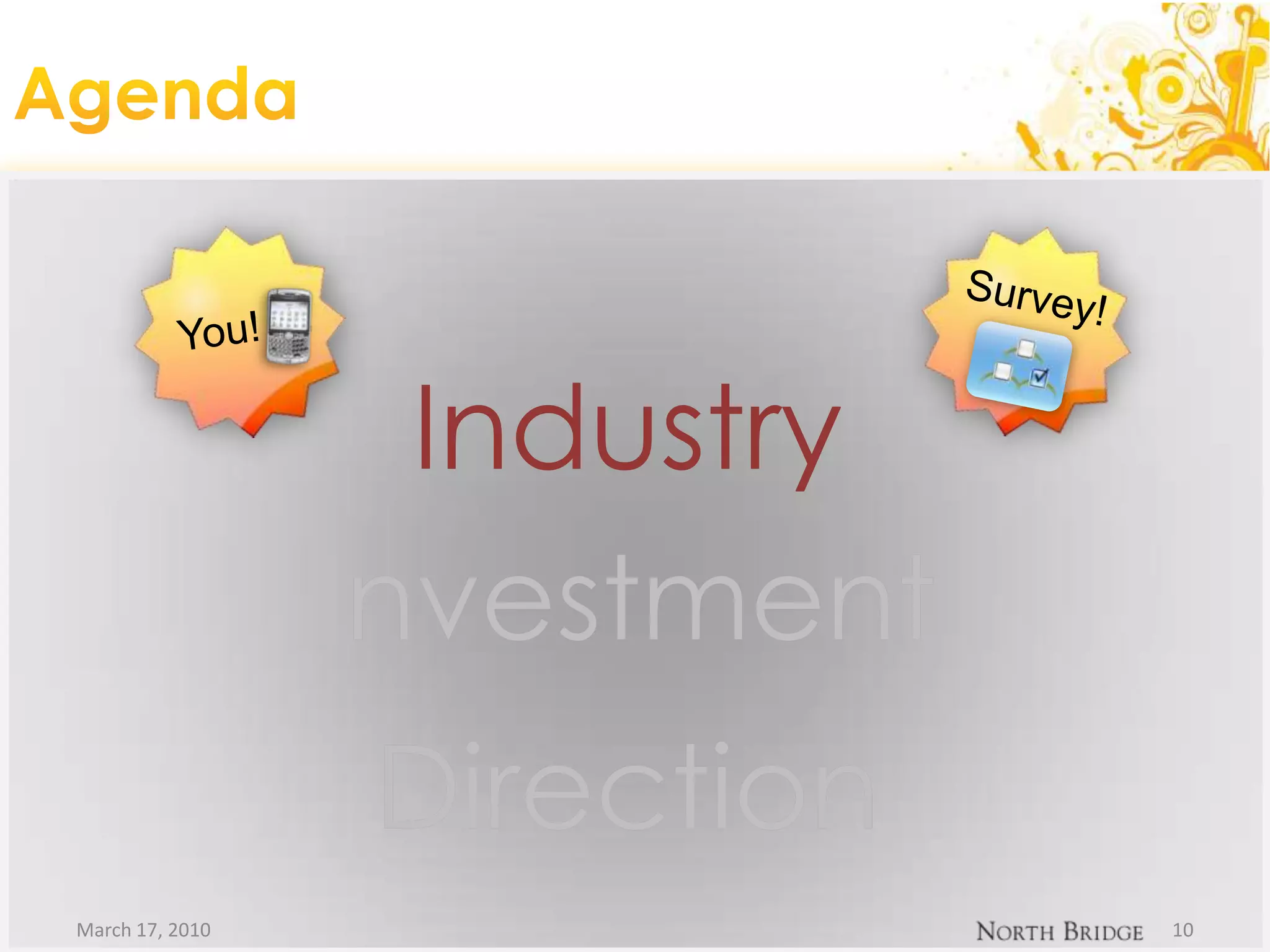 AgendaMarch 17, 201010Survey!You!IndustryIndustryInvestmentInvestmentDirectionDirection
