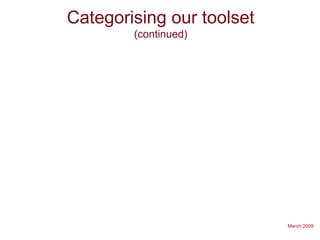 March 2009
Categorising our toolset
(continued)
 