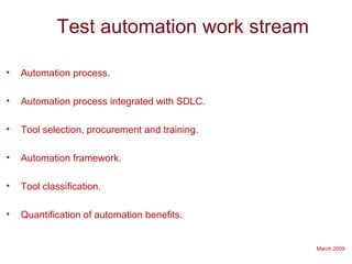 March 2009
Test automation work stream
• Automation process.
• Automation process integrated with SDLC.
• Tool selection, procurement and training.
• Automation framework.
• Tool classification.
• Quantification of automation benefits.
 