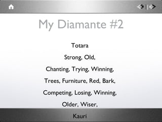 My Diamante #2 Totara Strong, Old, Chanting, Trying, Winning, Trees, Furniture, Red, Bark, Competing, Losing, Winning, Older, Wiser, Kauri 
