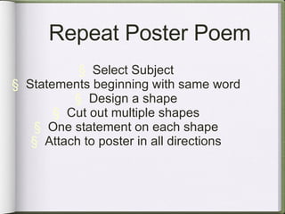 Repeat Poster Poem Select Subject Statements beginning with same word Design a shape Cut out multiple shapes One statement on each shape Attach to poster in all directions 