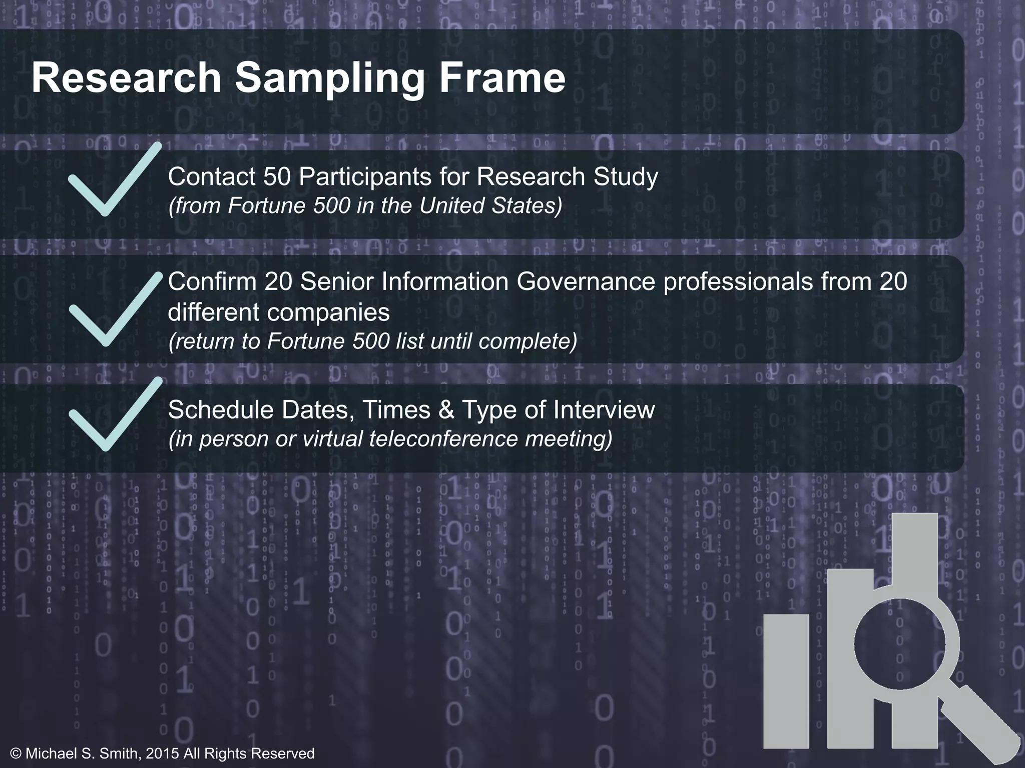 Research Sampling Frame
Contact 50 Participants for Research Study
(from Fortune 500 in the United States)
Confirm 20 Senior Information Governance professionals from 20
different companies
(return to Fortune 500 list until complete)
Schedule Dates, Times & Type of Interview
(in person or virtual teleconference meeting)
© Michael S. Smith, 2015 All Rights Reserved
 