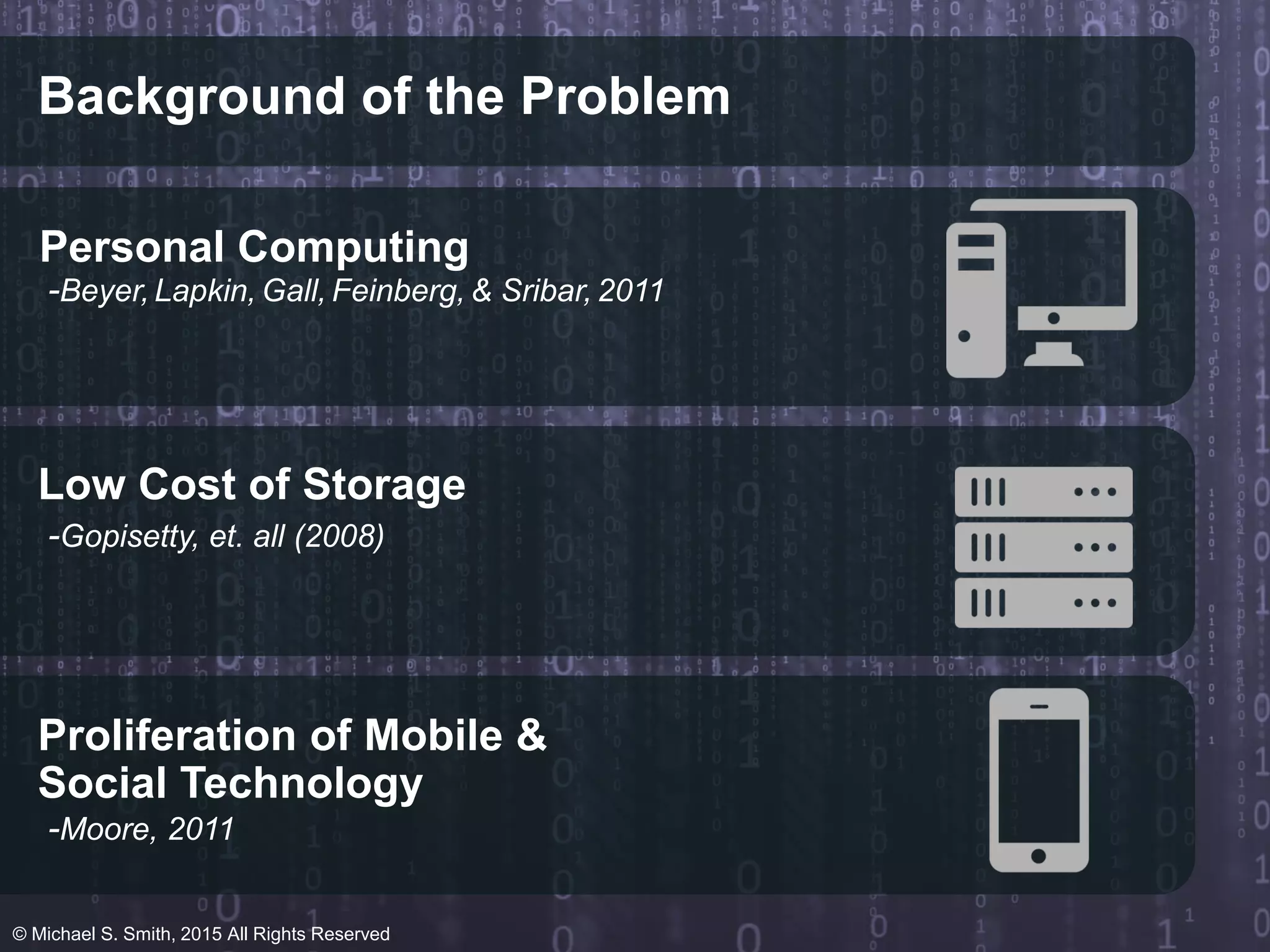 Background of the Problem
Personal Computing
-Beyer, Lapkin, Gall, Feinberg, & Sribar, 2011
Low Cost of Storage
-Gopisetty, et. all (2008)
Proliferation of Mobile &
-Moore, 2011
Social Technology
© Michael S. Smith, 2015 All Rights Reserved
 