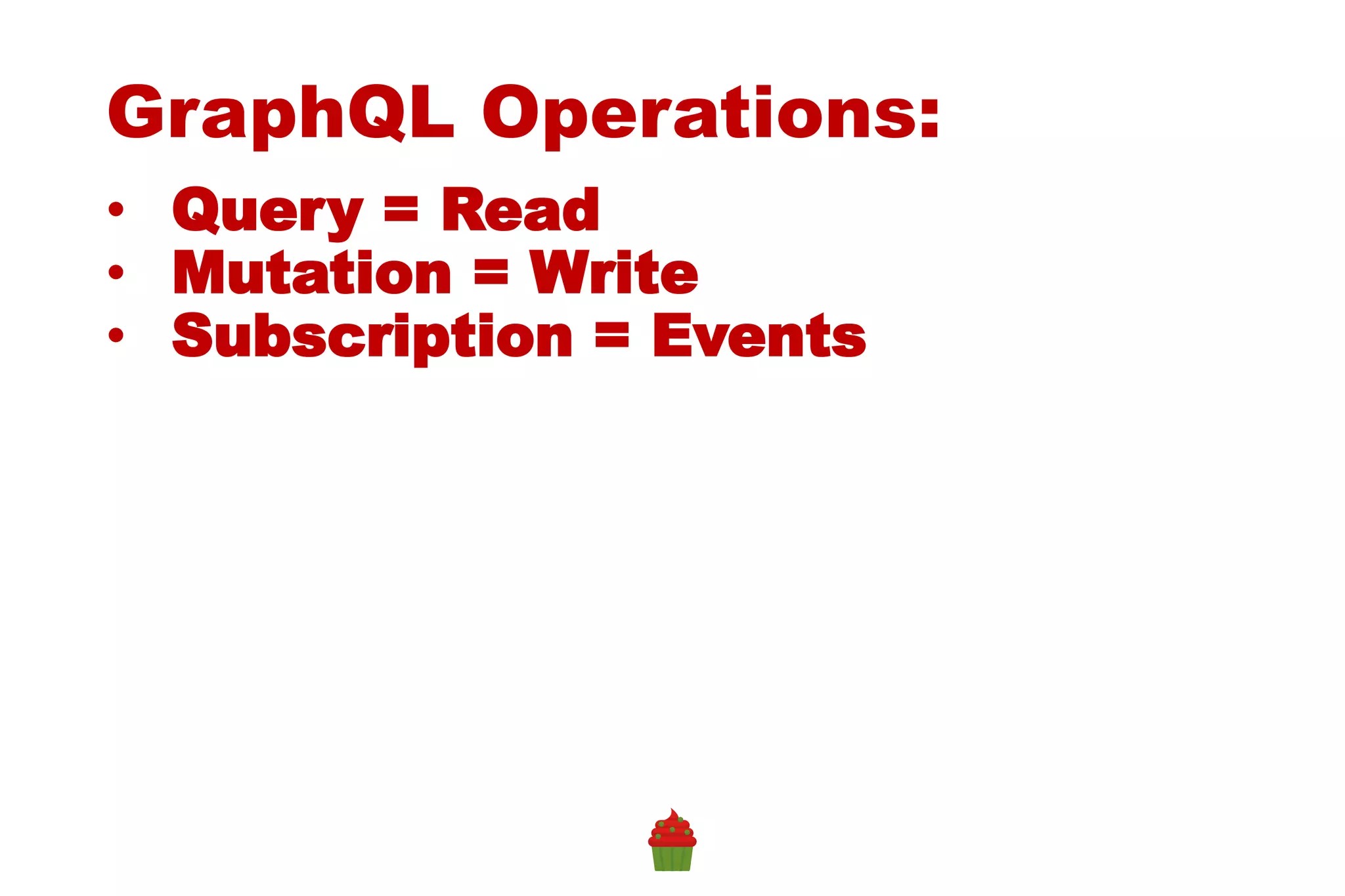 GraphQL Operations:
• Query = Read
• Mutation = Write
• Subscription = Events
 
