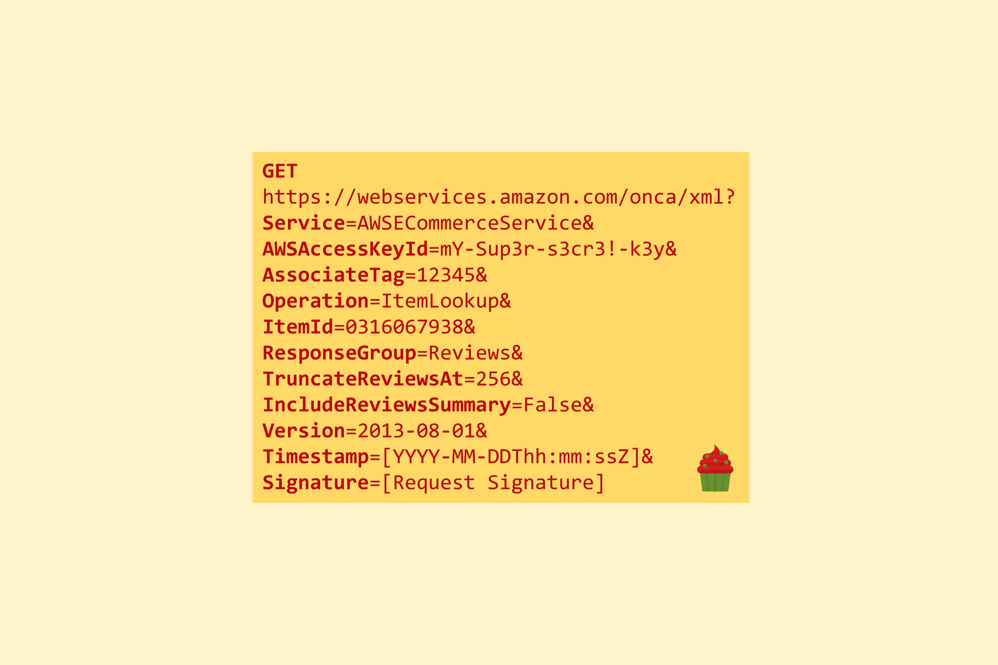 GET
https://webservices.amazon.com/onca/xml?
Service=AWSECommerceService&
AWSAccessKeyId=mY-Sup3r-s3cr3!-k3y&
AssociateTag=12345&
Operation=ItemLookup&
ItemId=0316067938&
ResponseGroup=Reviews&
TruncateReviewsAt=256&
IncludeReviewsSummary=False&
Version=2013-08-01&
Timestamp=[YYYY-MM-DDThh:mm:ssZ]&
Signature=[Request Signature]
 