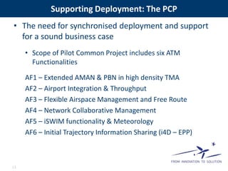 Supporting Deployment: The PCP 
• The need for synchronised deployment and support 
for a sound business case 
• Scope of Pilot Common Project includes six ATM 
Functionalities 
AF1 – Extended AMAN & PBN in high density TMA 
AF2 – Airport Integration & Throughput 
AF3 – Flexible Airspace Management and Free Route 
AF4 – Network Collaborative Management 
AF5 – iSWIM functionality & Meteorology 
AF6 – Initial Trajectory Information Sharing (i4D – EPP) 
13 
 