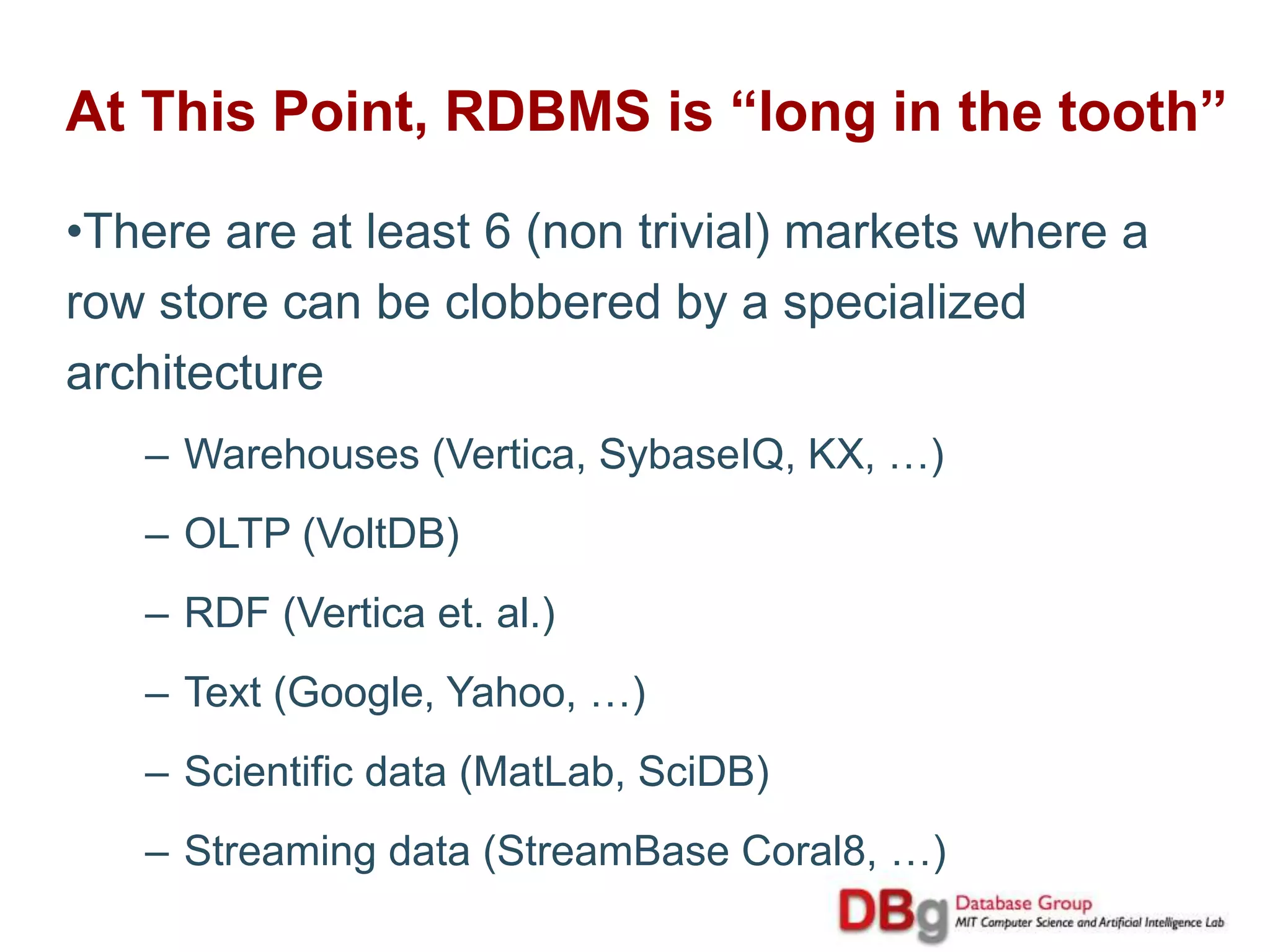 Now warehouses, science, real time, embedded, ..Current DBMS Gold StandardStore fields in one record contiguously on disk