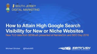 @twitterhandle
August 10–12, 2015 | #CZLSF | @ClickZLive
How to Attain High Google Search
Visibility for New or Niche Websites
New TLD data from SEMrush presented at NamesCon and SEO Day 2016
Michael Stricker @RadioMS
 