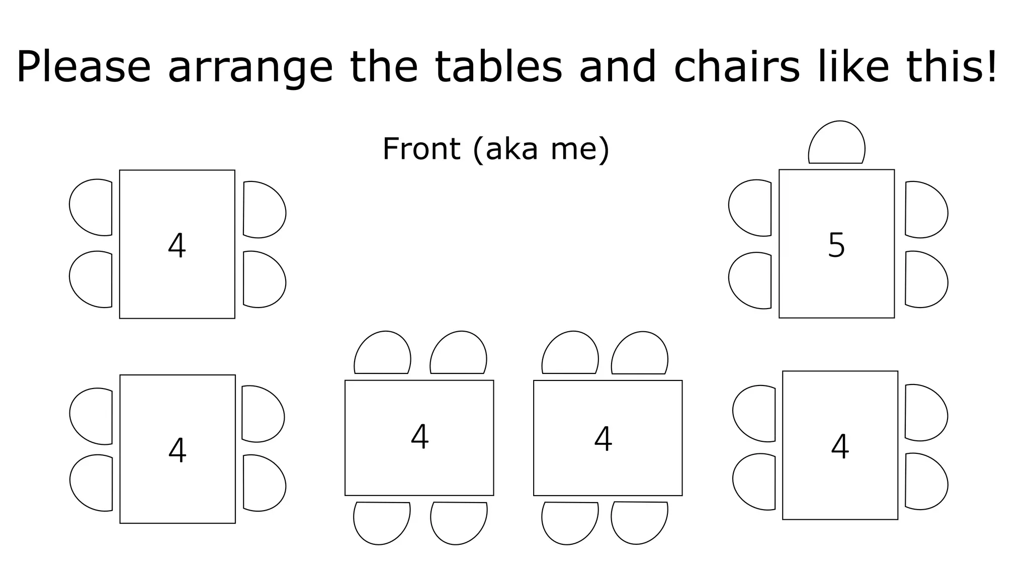 Please arrange the tables and chairs like this!
Front (aka me)
4
4
5
44 4
 