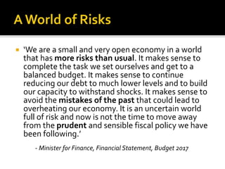  ‘We are a small and very open economy in a world
that has more risks than usual. It makes sense to
complete the task we set ourselves and get to a
balanced budget. It makes sense to continue
reducing our debt to much lower levels and to build
our capacity to withstand shocks. It makes sense to
avoid the mistakes of the past that could lead to
overheating our economy. It is an uncertain world
full of risk and now is not the time to move away
from the prudent and sensible fiscal policy we have
been following.’
- Minister for Finance, Financial Statement, Budget 2017
 