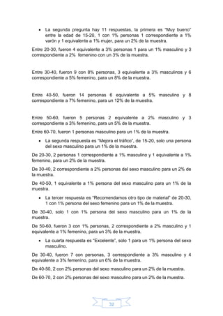 32
 La segunda pregunta hay 11 respuestas, la primera es “Muy bueno”
entre la edad de 15-20, 1 con 1% personas 1 correspondiente a 1%
varón y 1 equivalente a 1% mujer, para un 2% de la muestra.
Entre 20-30, fueron 4 equivalente a 3% personas 1 para un 1% masculino y 3
correspondiente a 2% femenino con un 3% de la muestra.
Entre 30-40, fueron 9 con 8% personas, 3 equivalente a 3% masculinos y 6
correspondiente a 5% femenino, para un 8% de la muestra.
Entre 40-50, fueron 14 personas 6 equivalente a 5% masculino y 8
correspondiente a 7% femenino, para un 12% de la muestra.
Entre 50-60, fueron 5 personas 2 equivalente a 2% masculino y 3
correspondiente a 3% femenino, para un 5% de la muestra.
Entre 60-70, fueron 1 personas masculino para un 1% de la muestra.
 La segunda respuesta es “Mejora el tráfico”, de 15-20, solo una persona
del sexo masculino para un 1% de la muestra.
De 20-30, 2 personas 1 correspondiente a 1% masculino y 1 equivalente a 1%
femenino, para un 2% de la muestra.
De 30-40, 2 correspondiente a 2% personas del sexo masculino para un 2% de
la muestra.
De 40-50, 1 equivalente a 1% persona del sexo masculino para un 1% de la
muestra.
 La tercer respuesta es “Recomendamos otro tipo de material” de 20-30,
1 con 1% persona del sexo femenino para un 1% de la muestra.
De 30-40, solo 1 con 1% persona del sexo masculino para un 1% de la
muestra.
De 50-60, fueron 3 con 1% personas, 2 correspondiente a 2% masculino y 1
equivalente a 1% femenino, para un 3% de la muestra.
 La cuarta respuesta es “Excelente”, solo 1 para un 1% persona del sexo
masculino.
De 30-40, fueron 7 con personas, 3 correspondiente a 3% masculino y 4
equivalente a 3% femenino, para un 6% de la muestra.
De 40-50, 2 con 2% personas del sexo masculino para un 2% de la muestra.
De 60-70, 2 con 2% personas del sexo masculino para un 2% de la muestra.
 