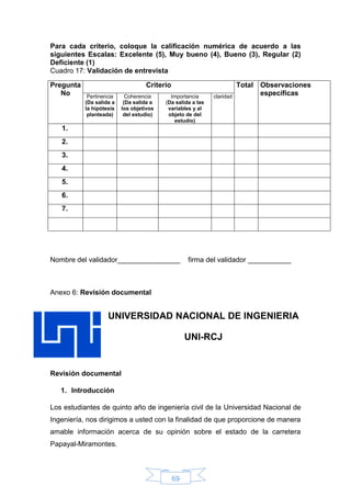 69
Para cada criterio, coloque la calificación numérica de acuerdo a las
siguientes Escalas: Excelente (5), Muy bueno (4), Bueno (3), Regular (2)
Deficiente (1)
Cuadro 17: Validación de entrevista
Pregunta
No
Criterio Total Observaciones
específicasPertinencia
(Da salida a
la hipótesis
planteada)
Coherencia
(Da salida a
los objetivos
del estudio)
Importancia
(Da salida a las
variables y al
objeto de del
estudio)
claridad
1.
2.
3.
4.
5.
6.
7.
Nombre del validador________________ firma del validador ___________
Anexo 6: Revisión documental
UNIVERSIDAD NACIONAL DE INGENIERIA
UNI-RCJ
Revisión documental
1. Introducción
Los estudiantes de quinto año de ingeniería civil de la Universidad Nacional de
Ingeniería, nos dirigimos a usted con la finalidad de que proporcione de manera
amable información acerca de su opinión sobre el estado de la carretera
Papayal-Miramontes.
 