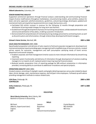 MICHAEL VALERO • 614-226-0467 Page 2
Abbott Laboratories, Columbus, OH 2009
SENIOR MARKETING ANALYST
Supported commercial ...
