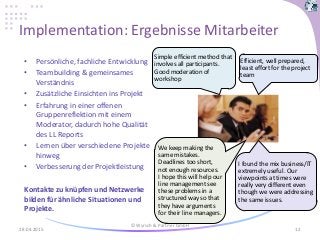 Implementation: Ergebnisse Mitarbeiter
28.04.2015
© Wyrsch & Partner GmbH
12
• Persönliche, fachliche Entwicklung
• Teambuilding & gemeinsames
Verständnis
• Zusätzliche Einsichten ins Projekt
• Erfahrung in einer offenen
Gruppenreflektion mit einem
Moderator, dadurch hohe Qualität
des LL Reports
• Lernen über verschiedene Projekte
hinweg
• Verbesserung der Projektleistung
Kontakte zu knüpfen und Netzwerke
bilden für ähnliche Situationen und
Projekte.
Efficient, well prepared,
least effort for the project
team
Simple efficient method that
involves all participants.
Good moderation of
workshop
I found the mix business/IT
extremely useful. Our
viewpoints at times were
really very different even
though we were addressing
the same issues.
We keep making the
same mistakes.
Deadlines too short,
not enough resources.
I hope this will help our
line management see
these problems in a
structured way so that
they have arguments
for their line managers.
 