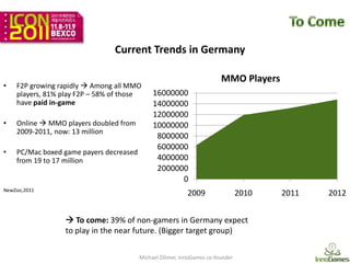Current Trends in Germany

                                                                         MMO Players
•   F2P growing rapidly  Among all MMO
    players, 81% play F2P – 58% of those      16000000
    have paid in-game                         14000000
                                              12000000
•   Online  MMO players doubled from         10000000
    2009-2011, now: 13 million
                                               8000000
                                               6000000
•   PC/Mac boxed game payers decreased
    from 19 to 17 million                      4000000
                                               2000000
                                                     0
NewZoo,2011
                                                            2009                 2010   2011   2012


                   To come: 39% of non-gamers in Germany expect
                  to play in the near future. (Bigger target group)

                                         Michael Zillmer, InnoGames co-founder                  9
 