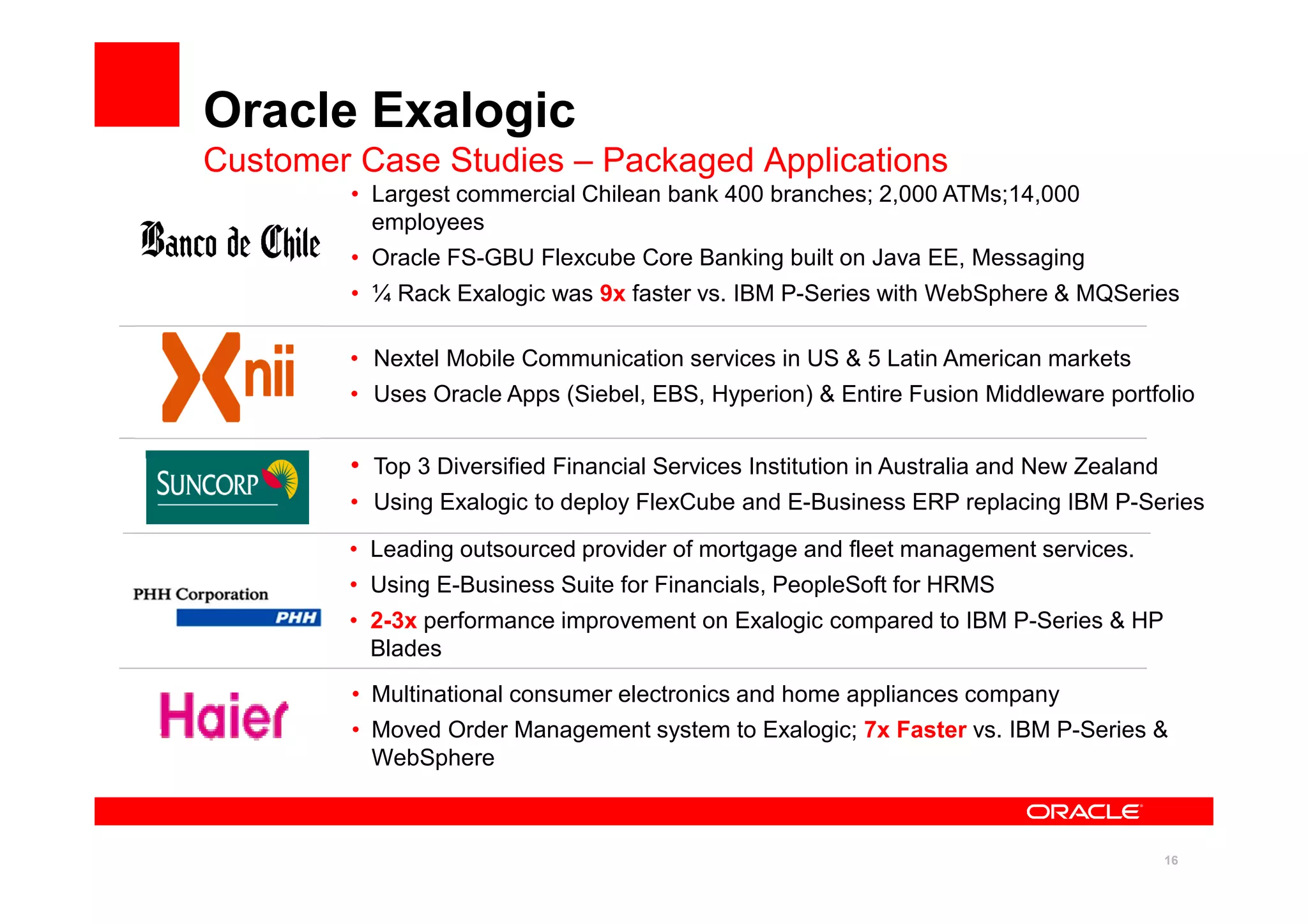 16
Oracle Exalogic
Customer Case Studies – Packaged Applications
• Largest commercial Chilean bank 400 branches; 2,000 ATMs;14,000
employees
• Oracle FS-GBU Flexcube Core Banking built on Java EE, Messaging
• ¼ Rack Exalogic was 9x faster vs. IBM P-Series with WebSphere & MQSeries
• Leading outsourced provider of mortgage and fleet management services.
• Using E-Business Suite for Financials, PeopleSoft for HRMS
• 2-3x performance improvement on Exalogic compared to IBM P-Series & HP
Blades
• Top 3 Diversified Financial Services Institution in Australia and New Zealand
• Using Exalogic to deploy FlexCube and E-Business ERP replacing IBM P-Series
• Nextel Mobile Communication services in US & 5 Latin American markets
• Uses Oracle Apps (Siebel, EBS, Hyperion) & Entire Fusion Middleware portfolio
• Multinational consumer electronics and home appliances company
• Moved Order Management system to Exalogic; 7x Faster vs. IBM P-Series &
WebSphere
 