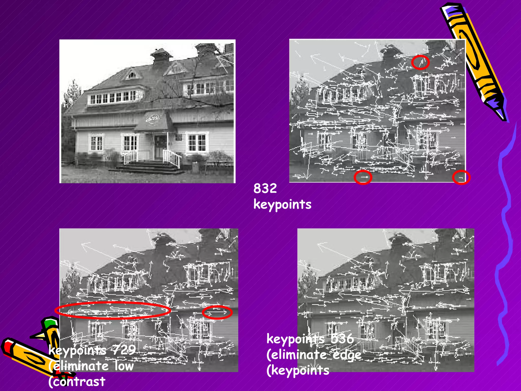 832 keypoints 729 keypoints (eliminate low contrast) 536 keypoints (eliminate edge keypoints) 