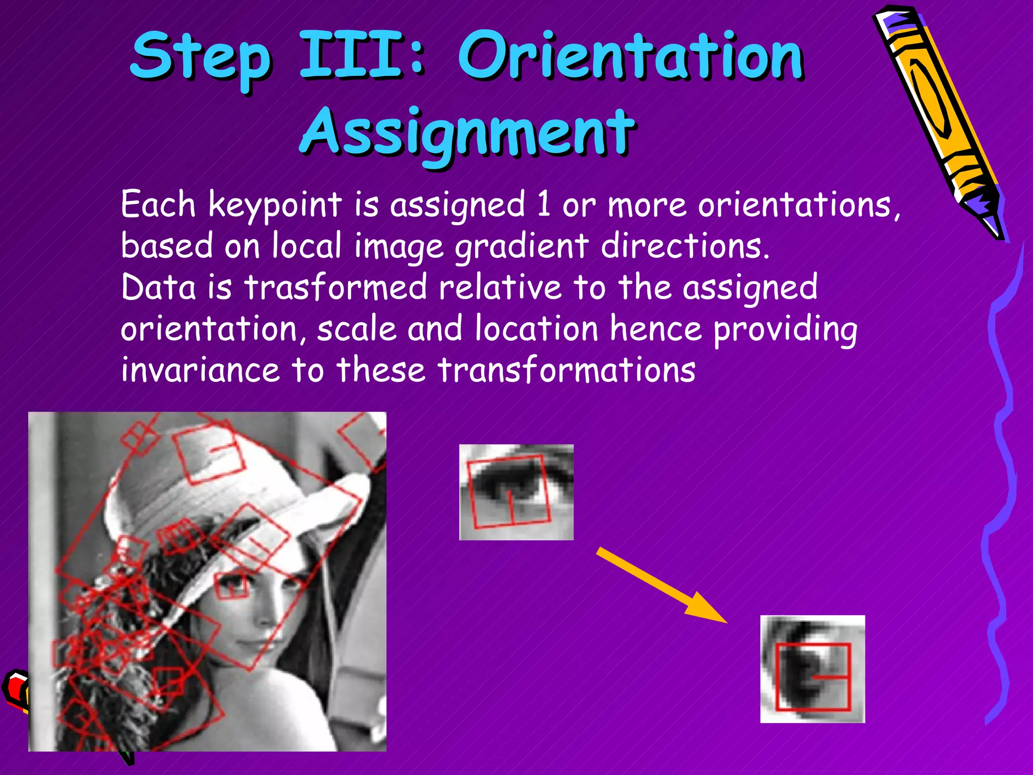 Step III: Orientation Assignment Each keypoint is assigned 1 or more orientations, based on local image gradient directions.  Data is trasformed relative to the assigned orientation, scale and location hence providing invariance to these transformations 