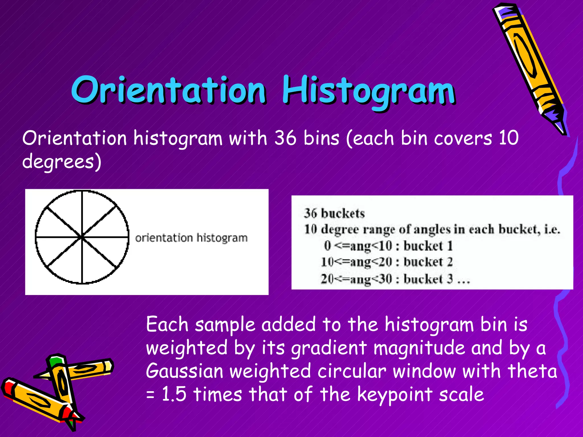 Orientation Histogram Orientation histogram with 36 bins (each bin covers 10 degrees) Each sample added to the histogram bin is weighted by its gradient magnitude and by a Gaussian weighted circular window with theta = 1.5 times that of the keypoint scale 