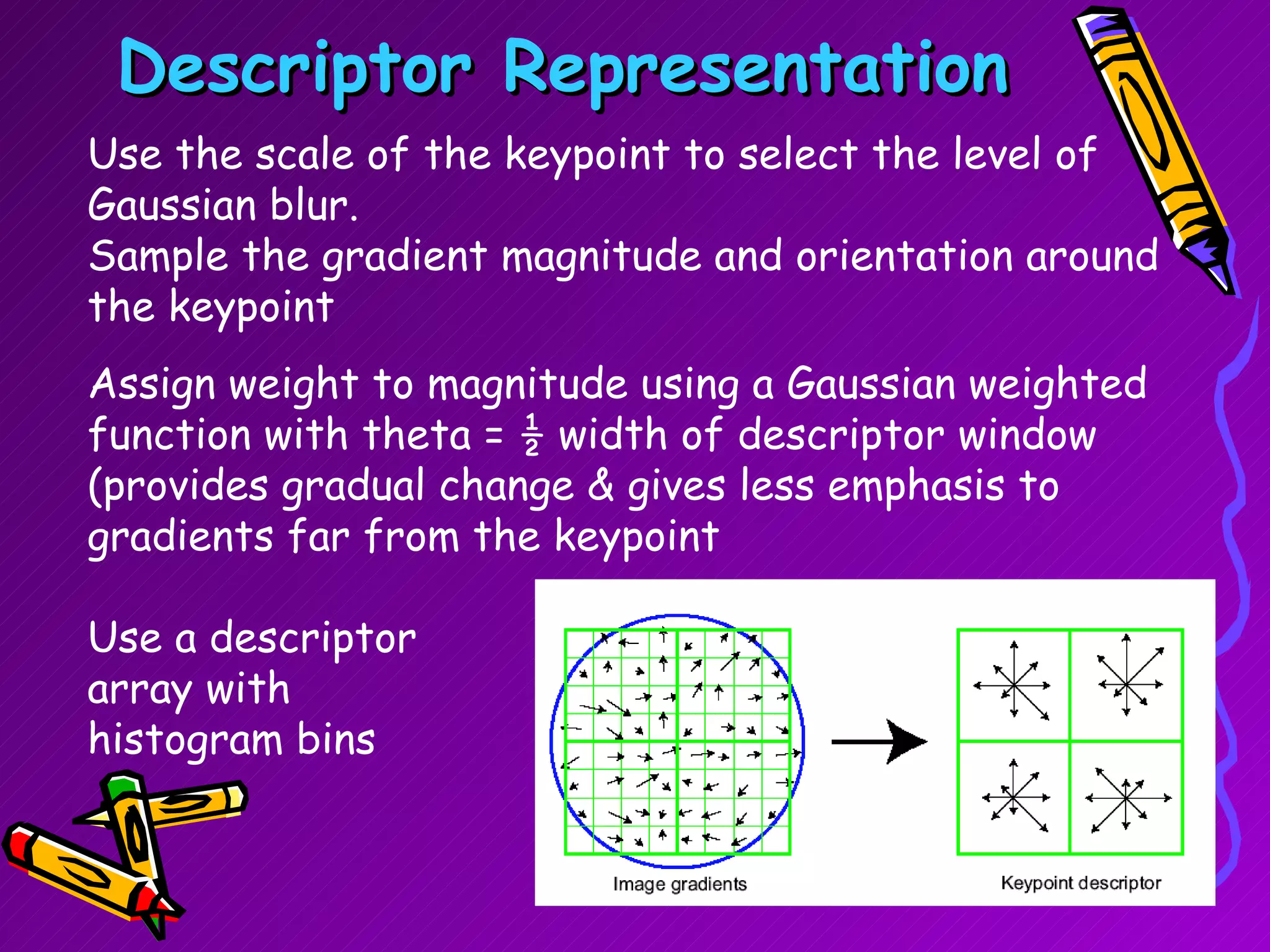 Descriptor Representation Use the scale of the keypoint to select the level of Gaussian blur. Sample the gradient magnitude and orientation around the keypoint Assign weight to magnitude using a Gaussian weighted function with theta = ½ width of descriptor window  (provides gradual change & gives less emphasis to gradients far from the keypoint Use a descriptor array with  histogram bins 