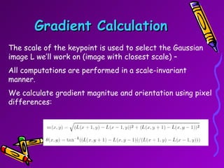 Gradient Calculation The scale of the keypoint is used to select the Gaussian image L we’ll work on (image with closest scale) –  All computations are performed in a scale-invariant manner.  We calculate gradient magnitue and orientation using pixel differences: 