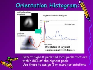Orientation Histogram: Detect highest peak and local peaks that are within 80% of the highest peak. Use these to assign (1 or more) orientations 