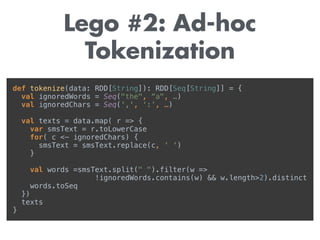 Lego #2: Ad-hoc
Tokenization
def tokenize(data: RDD[String]): RDD[Seq[String]] = { 
val ignoredWords = Seq("the", “a", …) 
val ignoredChars = Seq(',', ‘:’, …) 
 
val texts = data.map( r => { 
var smsText = r.toLowerCase 
for( c <- ignoredChars) { 
smsText = smsText.replace(c, ' ') 
} 
 
val words =smsText.split(" ").filter(w =>
!ignoredWords.contains(w) && w.length>2).distinct 
words.toSeq 
}) 
texts 
}
 