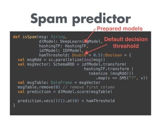 Spam predictor
def isSpam(msg: String, 
dlModel: DeepLearningModel, 
hashingTF: HashingTF, 
idfModel: IDFModel, 
hamThreshold: Double = 0.5):Boolean = { 
val msgRdd = sc.parallelize(Seq(msg)) 
val msgVector: SchemaRDD = idfModel.transform( 
hashingTF.transform ( 
tokenize (msgRdd)))
.map(v => SMS("?", v)) 
val msgTable: DataFrame = msgVector 
msgTable.remove(0) // remove first column 
val prediction = dlModel.score(msgTable) 
prediction.vecs()(1).at(0) < hamThreshold 
}
Prepared models
Default decision
threshold
 