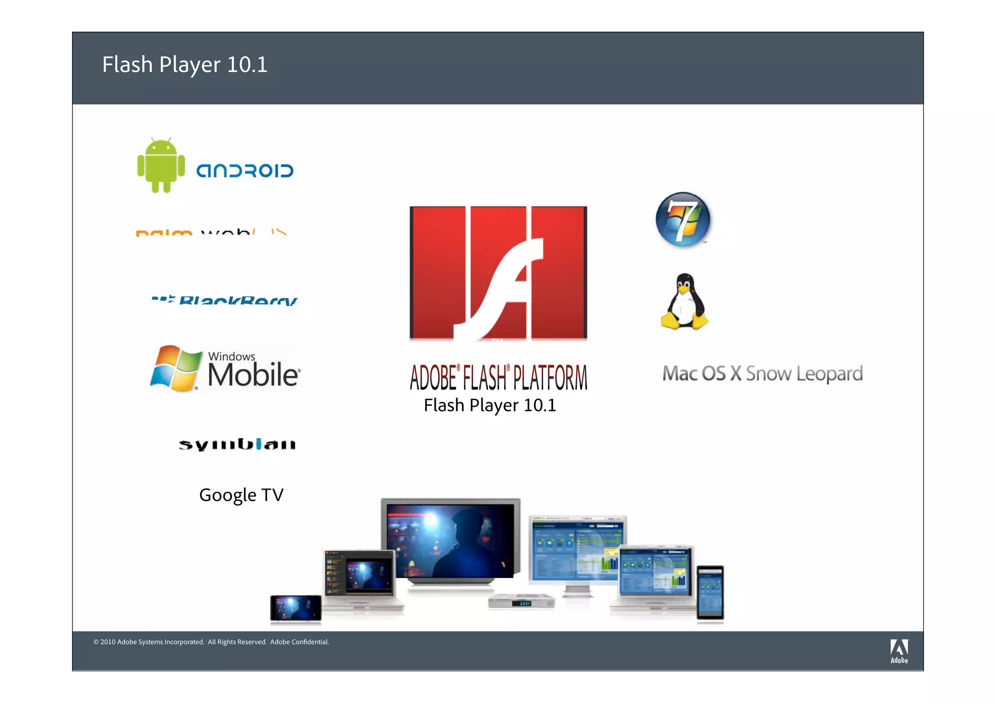 Flash Player 10.1




                                                                              Flash Player 10.1



                                 Google TV




© 2010 Adobe Systems Incorporated. All Rights Reserved. Adobe Confidential.
 